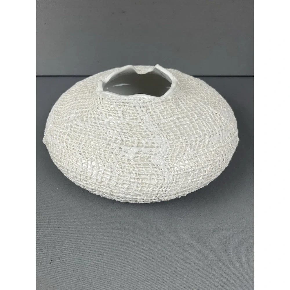 Crate & Barrel Kerr Vase White Ceramic 10 in Diameter Textured Product#‎ 198-722